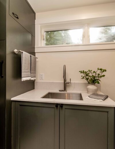A compact laundry or utility room features a stainless steel sink, green cabinetry, a towel rack with a striped towel, a potted plant, and a window above the counter.